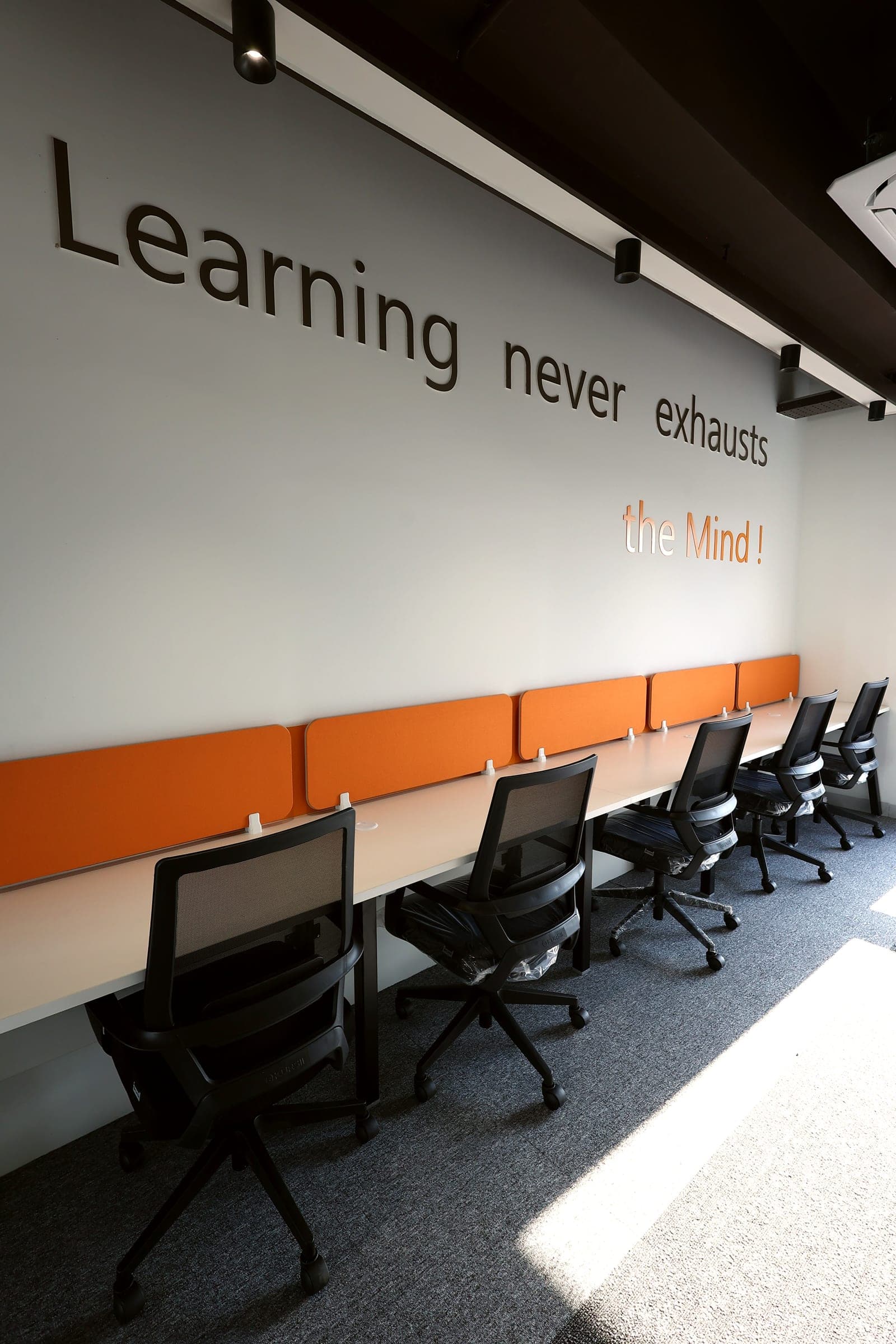 Learning Never Exhausts the Mind lettering above the five-desk row in the 5 seater private office at Fliqzo
